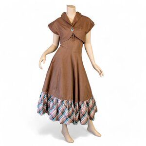 SOLD * 40s Strapless Brown Linen Dress w/ Pink & Turquoise Plaid Trim Matching …